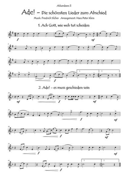 Ade! Die schönsten Lieder zum Abschied, Friedrich Silcher, ​Hans Peter Klein, Akkordeon-Quartett, zu viert musizieren, Abschiedslieder, Trennungslieder, leicht-mittelschwer, Akkordeon Noten, Demoseite
