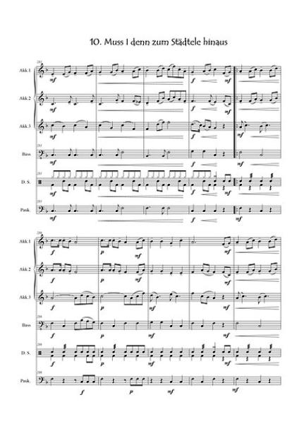 Ade! Die schönsten Lieder zum Abschied, Friedrich Silcher, ​Hans Peter Klein, Akkordeon-Quartett, zu viert musizieren, Abschiedslieder, Trennungslieder, leicht-mittelschwer, Akkordeon Noten, Blick in die Noten