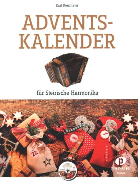Adventskalender, Karl Kiermaier, Steirische Harmonika, Griffschrift, Spielheft, Soloband, Weihnachtslieder, Weihnachtsnoten, Weihnachten, Vorfreude, mit Liedtexten, mittelschwer, Noten für die Steirische Harmonika, Cover