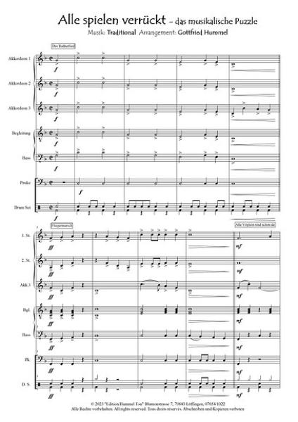 Alle spielen verrückt - das musikalische Puzzle, Gottfried Hummel, Akkordeonorchester, Rätsel, Musikschnipsel, Easy-Stimme, Kiddy-Stimme, leicht, Akkordeon Noten, Blick in die Partitur