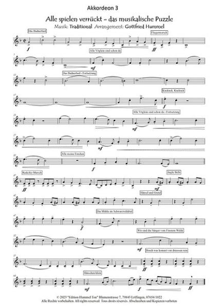 Alle spielen verrückt - das musikalische Puzzle, Gottfried Hummel, Akkordeonorchester, Rätsel, Musikschnipsel, Easy-Stimme, Kiddy-Stimme, leicht, Akkordeon Noten, Beispielseite