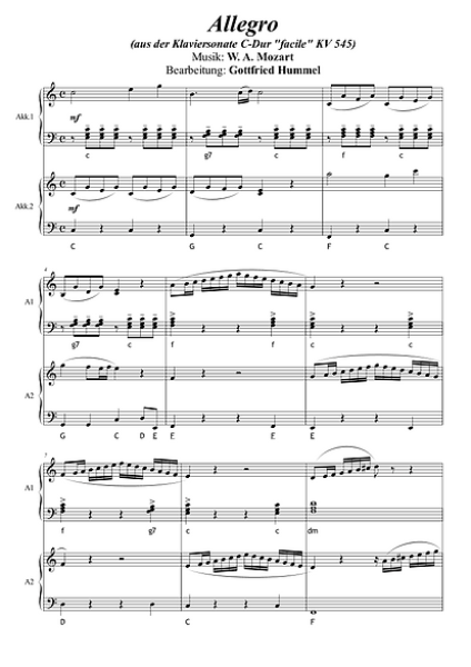 Allegro, Klaviersonate C-Dur "facile" KV 545, Wolfgang Amadeus Mozart, Gottfried Hummel, Akkordeon-Duo, Standardbass MII, Klavier-Duo, Akkordeon und Klavier, Spielstück, mittelschwer, klassische Musik, Akkordeon Noten