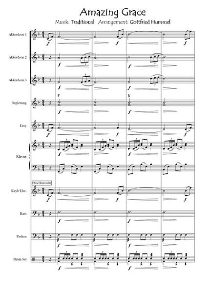 Amazing Grace, Gottfried Hummel, Akkordeonorchester, Traditional, leicht-mittelschwer, Easy-Stimme, Kiddy-Stimme, Akkordeon Noten, Probeseite