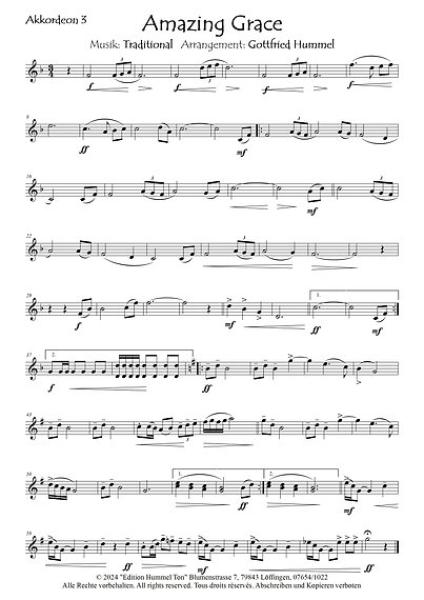 Amazing Grace, Gottfried Hummel, Akkordeonorchester, Traditional, leicht-mittelschwer, Easy-Stimme, Kiddy-Stimme, Akkordeon Noten, Demoseite