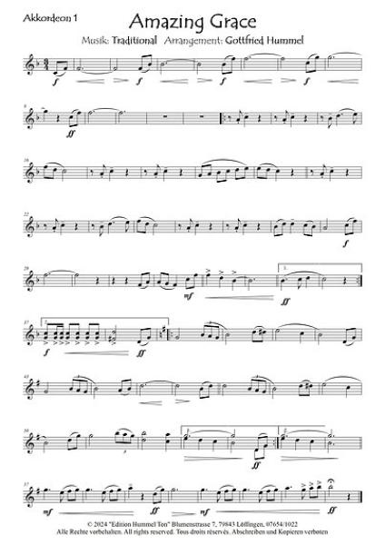 Amazing Grace, Gottfried Hummel, Akkordeonorchester, Traditional, leicht-mittelschwer, Easy-Stimme, Kiddy-Stimme, Akkordeon Noten, Notenbeispiel