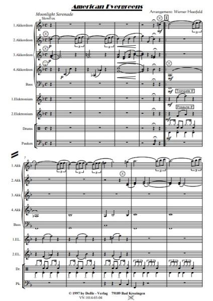 American Evergreens, Werner Heetfeld, Akkordeon-Orchester, Medley, Potpourri, Welthits, mittelschwer-schwer, Akkordeon Noten, Notenbeispiel