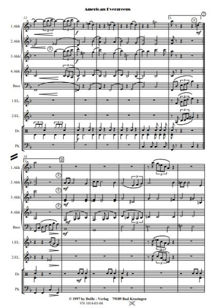 American Evergreens, Werner Heetfeld, Akkordeon-Orchester, Medley, Potpourri, Welthits, mittelschwer-schwer, Akkordeon Noten, Probeseite