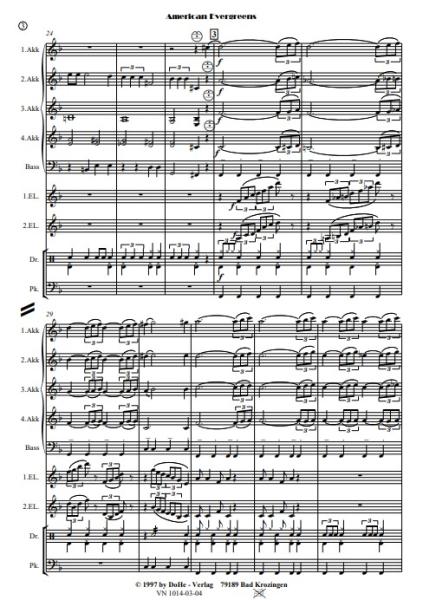 American Evergreens, Werner Heetfeld, Akkordeon-Orchester, Medley, Potpourri, Welthits, mittelschwer-schwer, Akkordeon Noten, Einblick in die Noten