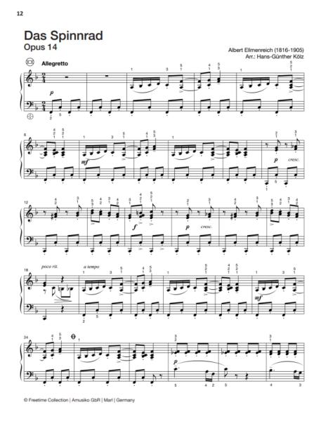 Freetime Collection, Hans-Günther Kölz, Spielheft für Akkordeon-Solo mit Melodiebass (MIII), C-Griff, Umsteiger, leicht-mittelschwer, linke Hand, Fingersätze, inkl. Online-Audio, Sarah Gimbel, Soloband, Akkordeon Noten, Beispielseite