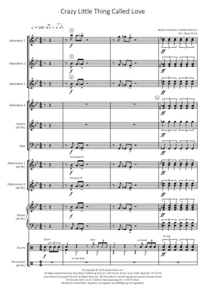 Crazy Little Thing Called Love, Freddie Mercury, Queen, Oliver Kruck, ​Rock'n'Roll-Hit für Akkordeon-Orchester, mittelschwer, Akkordeon Noten, Blick in die Noten