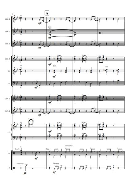 Crazy Little Thing Called Love, Freddie Mercury, Queen, Oliver Kruck, ​Rock'n'Roll-Hit für Akkordeon-Orchester, mittelschwer, Akkordeon Noten, Beispielseite