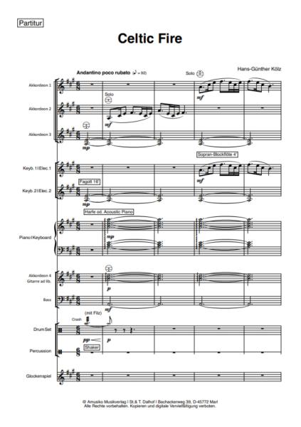 Celtic Fire, Hans-Günther Kölz, Akkordeon-Orchester, Irish Folk, mittelschwer-schwer, Originalkomposition, Originalmusik, Irland, Akkordeon Noten, Beispielseite