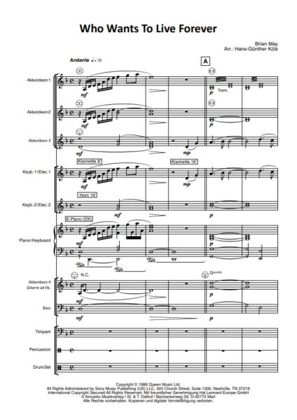 Who Wants To Live Forever, Queen, Brian May, Hans-Günther Kölz, Akkordeon-Orchester, mittelschwer, Welthit, Weltbekannter Klassiker, Sinfonisches Arrangement, Gänsehaut, ideal für Konzerte & feierliche Anlässe, Akkordeon Noten, Probeseite