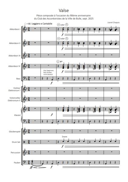 Valse, Lionel Chapuis, Akkordeon-Orchester, Konzertwalzer, mittelschwer, Originalkomposition, Originalmusik, Akkordeon Noten, Notenbeispiel