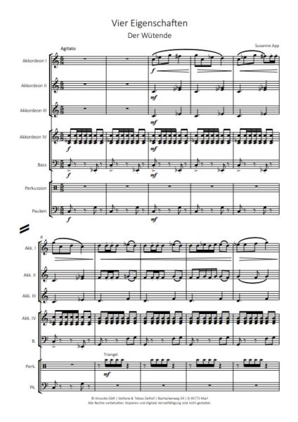Vier Eigenschaften, Susanne App, Akkordeon-Orchester, Suite in 4 Sätzen, Originalkomposition, Originalmusik, Charakterstudien, Emotionen, Gefühle, mittelschwer, Akkordeon Noten, Beispielseite