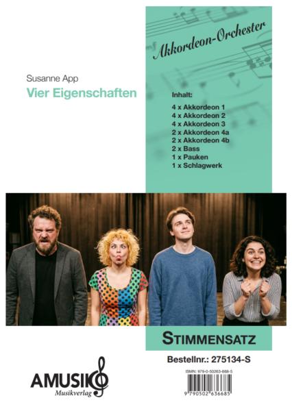 Vier Eigenschaften, Susanne App, Akkordeon-Orchester, Suite in 4 Sätzen, Originalkomposition, Originalmusik, Charakterstudien, Emotionen, Gefühle, mittelschwer, Akkordeon Noten, Stimmensatzdeckblatt