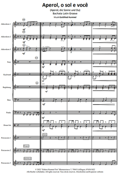 Aperol, o sol e você, Gottfried Hummel, Akkordeonorchester, Bachata, Latin-Groove, Originalkomposition, Originalmusik, Easystimme, Kiddystimme, leicht-mittelschwer, Akkordeon Noten, Partitur