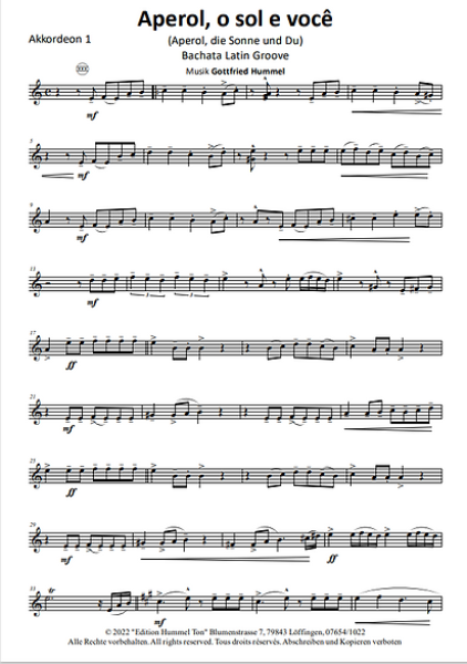Aperol, o sol e você, Gottfried Hummel, Akkordeonorchester, Bachata, Latin-Groove, Originalkomposition, Originalmusik, Easystimme, Kiddystimme, leicht-mittelschwer, Akkordeon Noten, Einblick in die Noten
