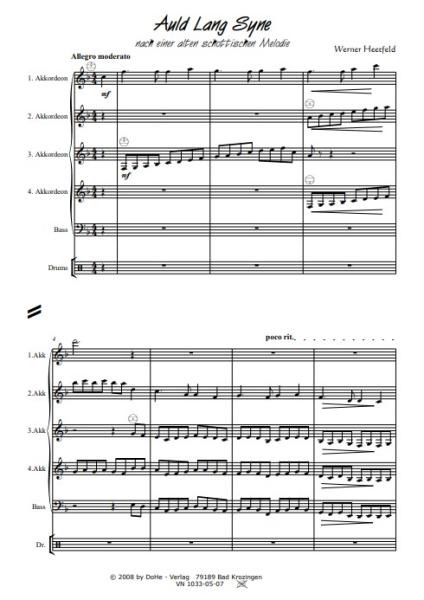 Auld Lang Syne, Werner Heetfeld, Akkordeon-Orchester, alte schottische Melodie, Variationen, Originalkomposition, Originalmusik, mittelschwer, Akkordeon Noten, Probeseite