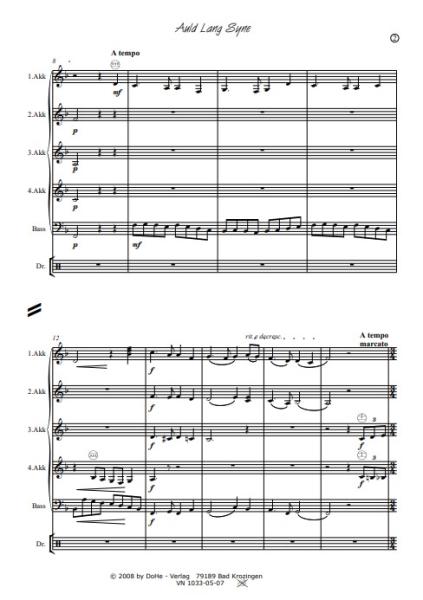 Auld Lang Syne, Werner Heetfeld, Akkordeon-Orchester, alte schottische Melodie, Variationen, Originalkomposition, Originalmusik, mittelschwer, Akkordeon Noten, Beispielseite