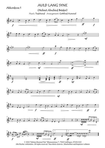 Auld Lang Syne, Gottfried Hummel, Akkordeonorchester, Traditional aus Schottland, leicht-mittelschwer, Easy-Stimme, Kiddy-Stimme, Akkordeon Noten, Blick in die Noten