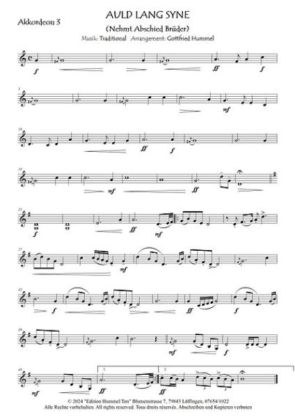 Auld Lang Syne, Gottfried Hummel, Akkordeonorchester, Traditional aus Schottland, leicht-mittelschwer, Easy-Stimme, Kiddy-Stimme, Akkordeon Noten, Einblick