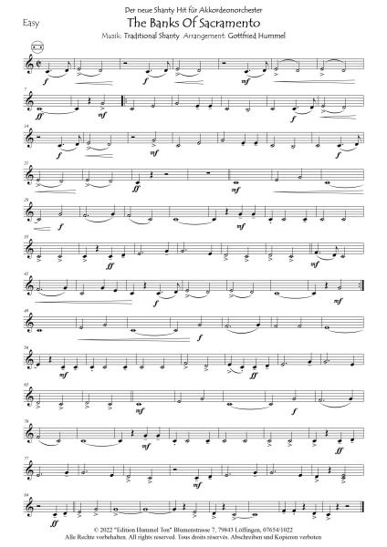 The Banks Of Sacramento, Gottfried Hummel, Akkordeonorchester, Nathan Evans, Shanty, sehr leicht-leicht, mit Easy-Stimme, Akkordeon Noten, Blick in die Noten
