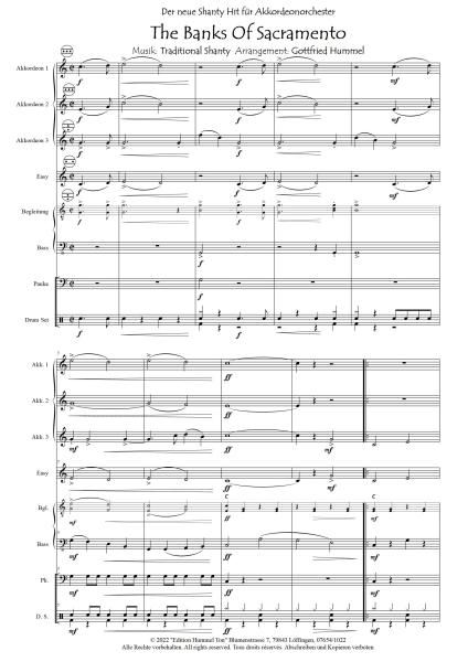 The Banks Of Sacramento, Gottfried Hummel, Akkordeonorchester, Nathan Evans, Shanty, sehr leicht-leicht, mit Easy-Stimme, Akkordeon Noten, Notenbeispiel