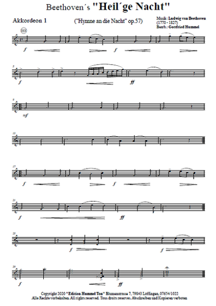 Beethoven's Heil'ge Nacht, Hymne an die Nacht op. 57, Ludwig van Beethoven, Gottfried Hummel, Akkordeonorchester, Chorwerk, festlich, Konzertstück, leicht-mittelschwer, mit Easy-Stimme, Weihnachtszeit, Akkordeon Noten