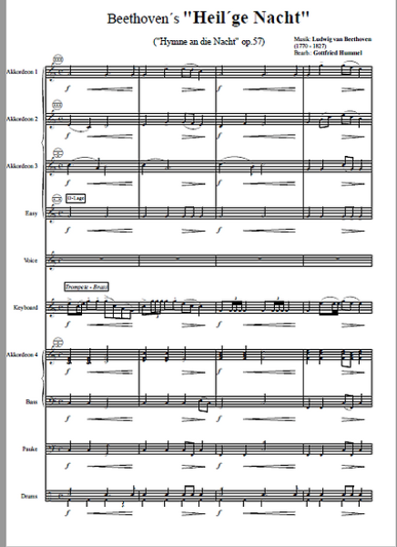 Beethoven's Heil'ge Nacht, Hymne an die Nacht op. 57, Ludwig van Beethoven, Gottfried Hummel, Akkordeonorchester, Chorwerk, festlich, Konzertstück, leicht-mittelschwer, mit Easy-Stimme, Weihnachtszeit, Akkordeon Noten