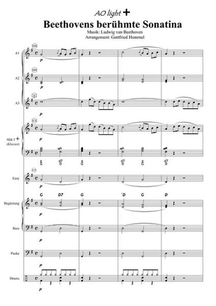 Beethovens berühmte Sonatina, Partitur, Probeseite, Ludwig van Beethoven, ​Gottfried Hummel, Akkordeonorchester, Schülerorchester, Jugendorchester, Sonatine G-Dur, Konzert-Opener, leicht-mittelschwer, Easy-Stimme, Akkordeon Noten