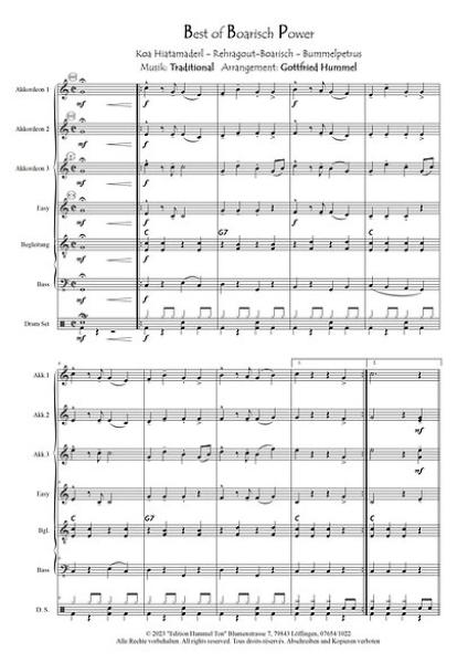 Best of Boarisch Power, Gottfried Hummel, Akkordeonorchester, Medley, Potpourri, Stimmungskracher, Easystimme, Kiddystimme, leicht-mittelschwer, Akkordeon Noten, Notenbeispiel