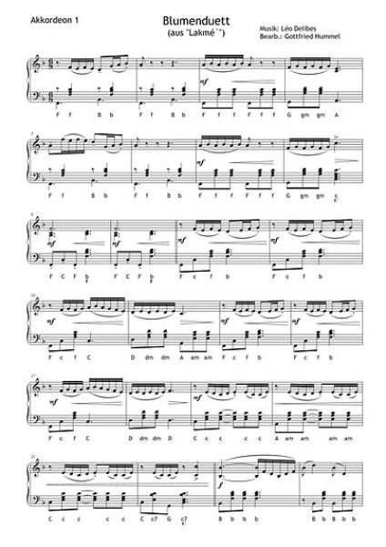 Blumenduett (aus Lakmé), Léo Delibes, Gottfried Hummel, Akkordeon-Duo, Oper, Werbung, Werbesong, mittelschwer, Duo Noten, Akkordeon Noten, Blick in die Noten