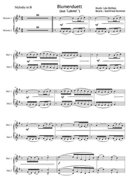 Blumenduett (aus Lakmé), Léo Delibes, Gottfried Hummel, Kammermusik-Bearbeitung, 2 Melodieinstrumente (in C hoch und tief, Bb, Es, C (Bass-Schlüssel)), Begleitstimme (Akkordeon oder Klavier), Oper, Werbung, Werbesong, mittelschwer, Kammermusik Noten, Beis