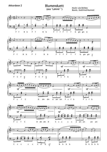 Blumenduett (aus Lakmé), Léo Delibes, Gottfried Hummel, Akkordeon-Duo, Oper, Werbung, Werbesong, mittelschwer, Duo Noten, Akkordeon Noten, Beispielseite