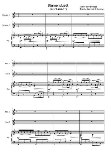 Blumenduett (aus Lakmé), Léo Delibes, Gottfried Hummel, Kammermusik-Bearbeitung, 2 Melodieinstrumente (in C hoch und tief, Bb, Es, C (Bass-Schlüssel)), Begleitstimme (Akkordeon oder Klavier), Oper, Werbung, Werbesong, mittelschwer, Kammermusik Noten, Prob