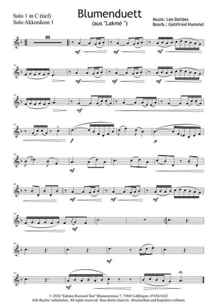 Blumenduett (aus Lakmé), Léo Delibes, Gottfried Hummel, 2 Melodieinstrumente und Akkordeonorchester, Oper, Werbung, Werbesong, 2 Solostimmen, Easy-Stimme, Kiddy-Stimme, mittelschwer, Akkordeon Noten, Notenbeispiel