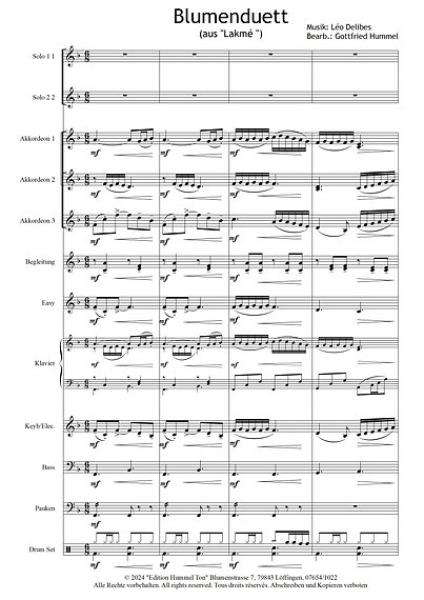 Blumenduett (aus Lakmé), Léo Delibes, Gottfried Hummel, 2 Melodieinstrumente und Akkordeonorchester, Oper, Werbung, Werbesong, 2 Solostimmen, Easy-Stimme, Kiddy-Stimme, mittelschwer, Akkordeon Noten, Einblick