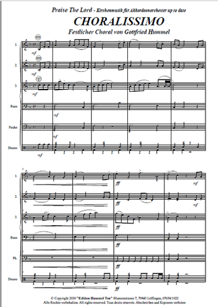 Choralissimo, Partitur, Probeseite, Gottfried Hummel, Akkordeonorchester, festlicher Choral, Kirchenmusik, Kirchenkonzert, leicht-mittelschwer, Originalkomposition, Originalmusik, Akkordeon Noten