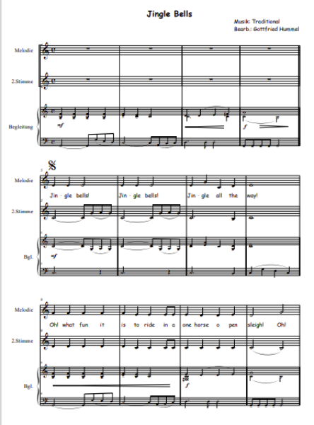 Christmas Snacks, Gottfried Hummel, Kammermusik-Spielheft, 2 Melodieinstrumente (in C, Bb, Es, C (Bass-Schlüssel)), Begleitstimme (Akkordeon oder Klavier), Weihnachtslieder, Adventszeit, leicht, Kammermusik Noten, Blick in die Partitur