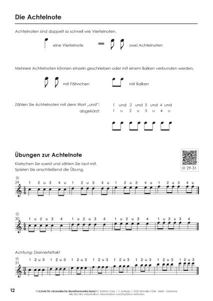 Schule für chromatische Mundharmonika Band 1, Kathrin Gass, Schulwerk, Lehrwerk, Mundharmonikaschule, Chromonica, mit Online-Material, sehr leicht, Mundharmonika Noten, Mundharmonika spielen lernen, Anfänger, Probeseite
