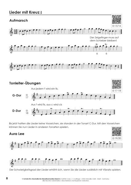 Schule für chromatische Mundharmonika Band 2, Kathrin Gass, Schulwerk, Lehrwerk, Mundharmonikaschule, Chromonica, mit Online-Material, Fortgeschrittene, leicht, Mundharmonika Noten, Mundharmonika spielen lernen, Demoseite