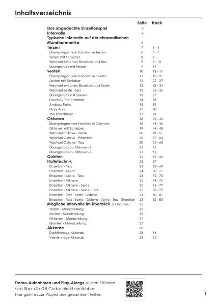 Schule für chromatische Mundharmonika Band 3, Kathrin Gass, Schulwerk, Lehrwerk, Mundharmonikaschule, Chromonica, mit Online-Material, Intervallspiel, Fortgeschrittene, leicht-mittelschwer, Mundharmonika Noten, Mundharmonika spielen lernen, Inhaltsverzeic
