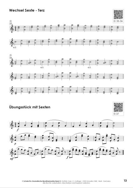 Schule für chromatische Mundharmonika Band 3, Kathrin Gass, Schulwerk, Lehrwerk, Mundharmonikaschule, Chromonica, mit Online-Material, Intervallspiel, Fortgeschrittene, leicht-mittelschwer, Mundharmonika Noten, Mundharmonika spielen lernen, Probeseite