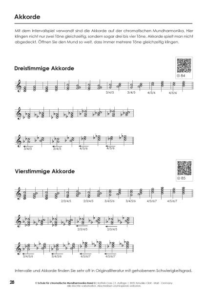 Schule für chromatische Mundharmonika Band 3, Kathrin Gass, Schulwerk, Lehrwerk, Mundharmonikaschule, Chromonica, mit Online-Material, Intervallspiel, Fortgeschrittene, leicht-mittelschwer, Mundharmonika Noten, Mundharmonika spielen lernen, Demoseite