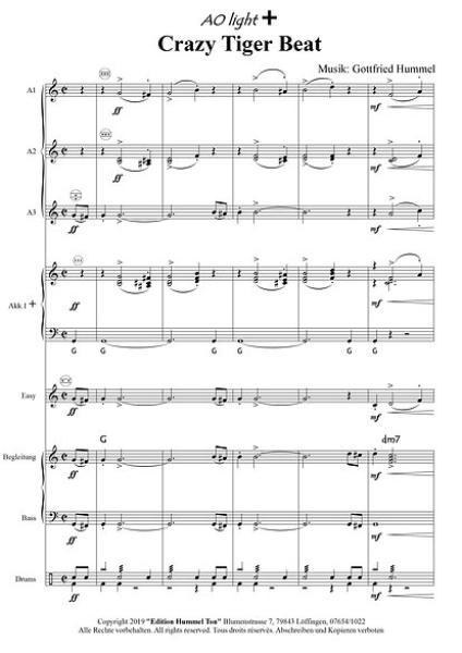 Crazy Tiger Beat, Partitur, Probeseite, Gottfried Hummel, Akkordeonorchester, Kinderorchester, Schülerorchester, Vorbild: Tiger Rag, leicht-mittelschwer, Easy-Stimme, Originalkomposition, Originalmusik, Akkordeon Noten