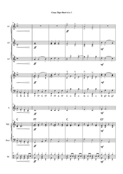 Crazy Tiger Beat, Blick in die Partitur, Gottfried Hummel, Akkordeonorchester, Kinderorchester, Schülerorchester, Vorbild: Tiger Rag, leicht-mittelschwer, Easy-Stimme, Originalkomposition, Originalmusik, Akkordeon Noten