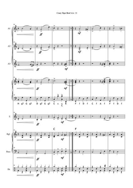 Crazy Tiger Beat, Einblick in die Noten, Gottfried Hummel, Akkordeonorchester, Kinderorchester, Schülerorchester, Vorbild: Tiger Rag, leicht-mittelschwer, Easy-Stimme, Originalkomposition, Originalmusik, Akkordeon Noten