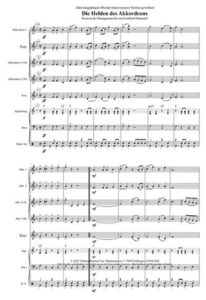 Die Helden des Akkordeons, Gottfried Hummel, Akkordeonorchester, Ehrungsmarsch, Konzertmarsch, Marschmusik, Easystimme, Kiddystimme, leicht-mittelschwer, Akkordeon Noten, Originalkomposition, Originalmusik, Einblick in die Partitur