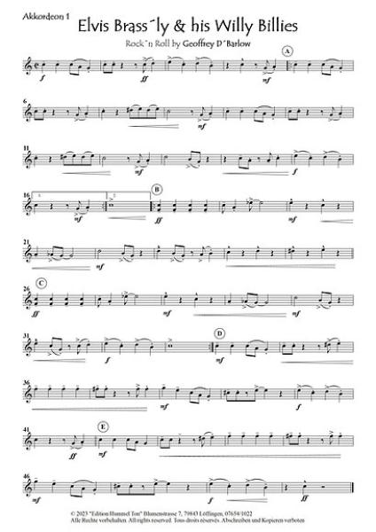Elvis Brass´ly & his Willy Billies, Geoffrey D. Barlow, Akkordeonorchester, Rock'n'Roll, Easy-Stimme, Kiddy-Stimme, leicht-mittelschwer, Akkordeon Noten, Probeseite